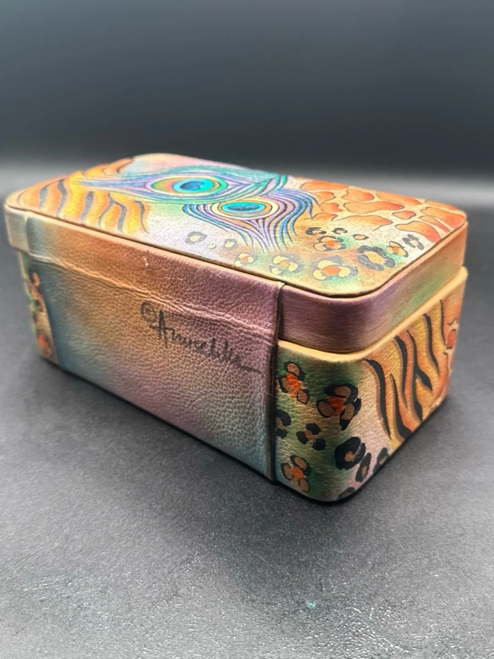 Anuschka Multicolor Peacock Feather Painted Leather Jewelry Box